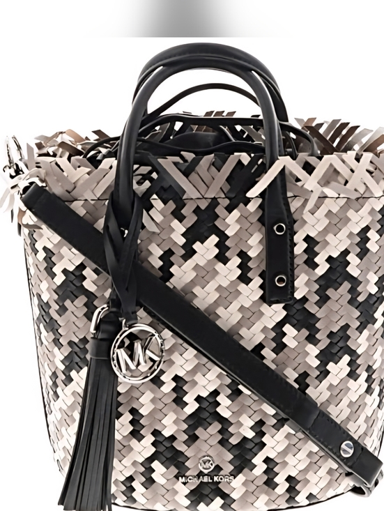 Michael Kors Handbags - Michael Kors Black and Cream Woven Bucket Tote with Tassel and MK Charm